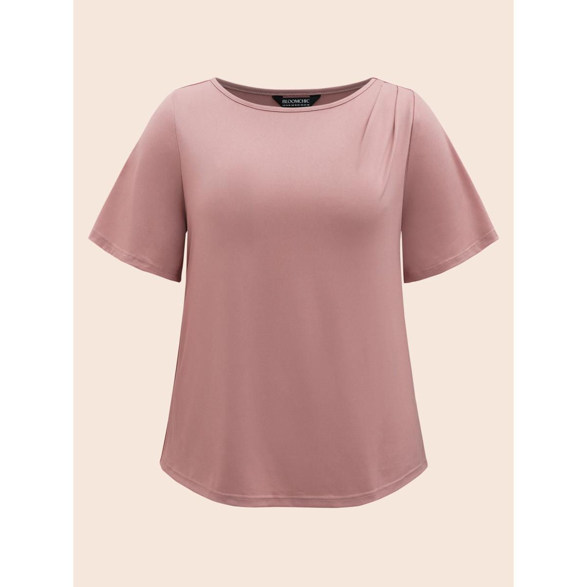 Plus Size Solid Round Neck Plicated Detail T-shirt Rouge Women Elegant Pleated Round Neck Everyday T-shirts BloomChic 30/6X Product Image