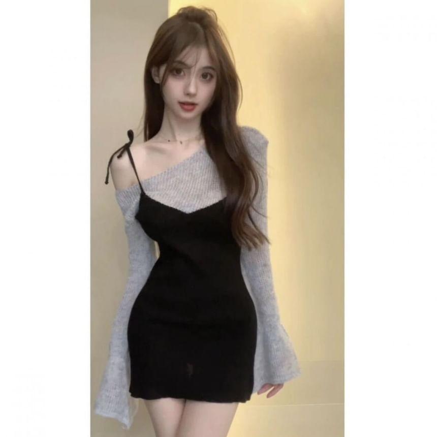 Flared-Sleeve Cold-Shoulder Two Tone Mock Two-Piece Knit Mini Sheath Dress Product Image