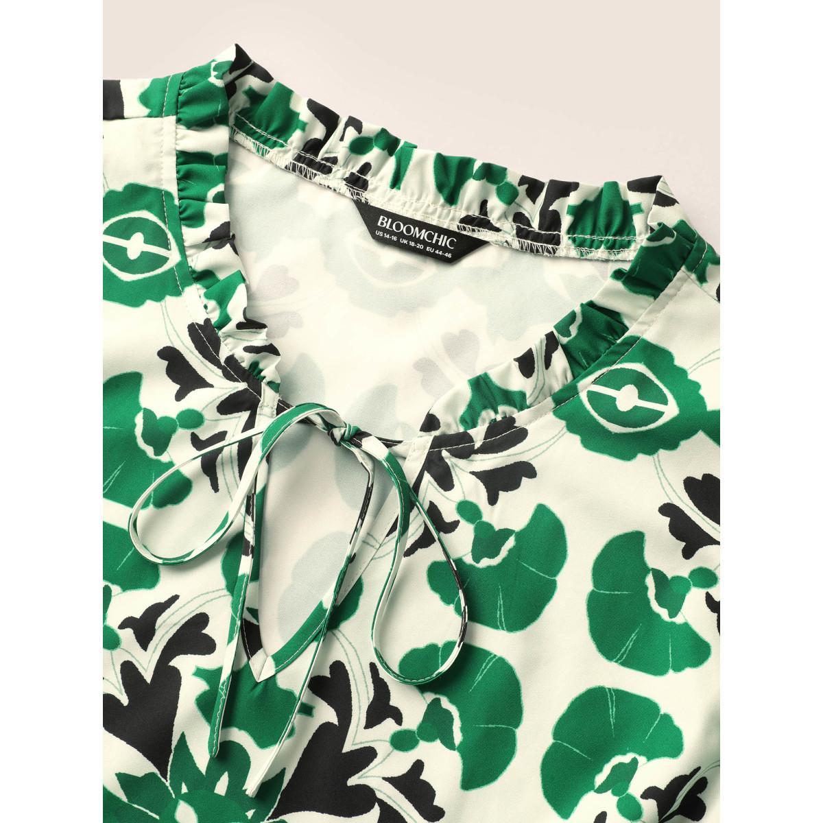 Plus Size Boho Print Tie Knot Ruffle Cap Sleeve Dress Malachitegreen Women Resort Tie knot Notched collar Cap Sleeve Curvy BloomChic 12/L Product Image