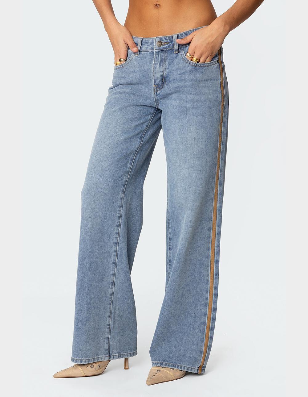 EDIKTED Faux Suede Stripe Low Rise Jeans Product Image