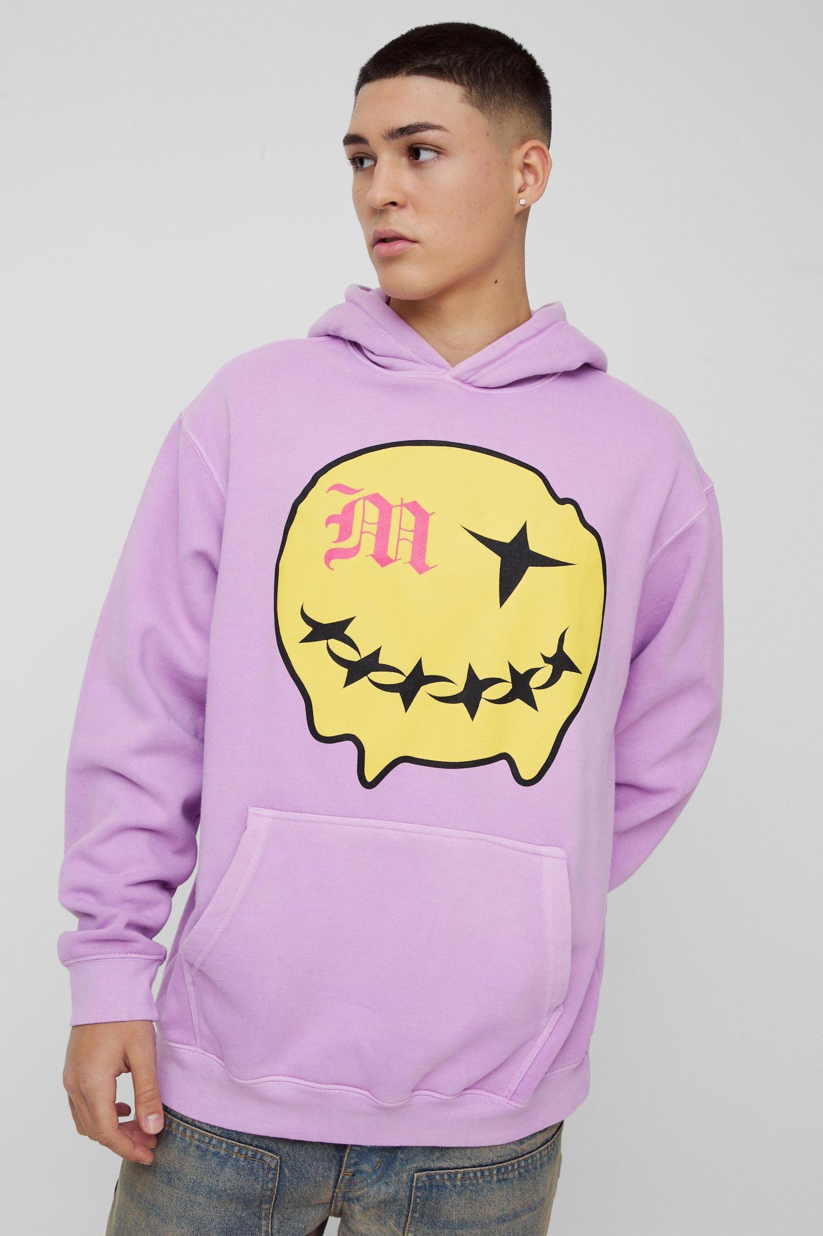 Mens Green Oversized Puff Print Smiley Graphic Washed Hoodie, Green Product Image