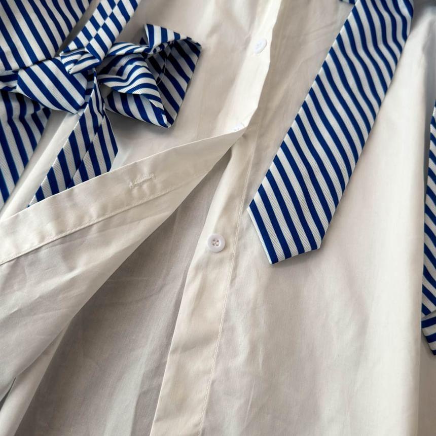 Long-Sleeve Ribbon Accent Plain Shirt Product Image