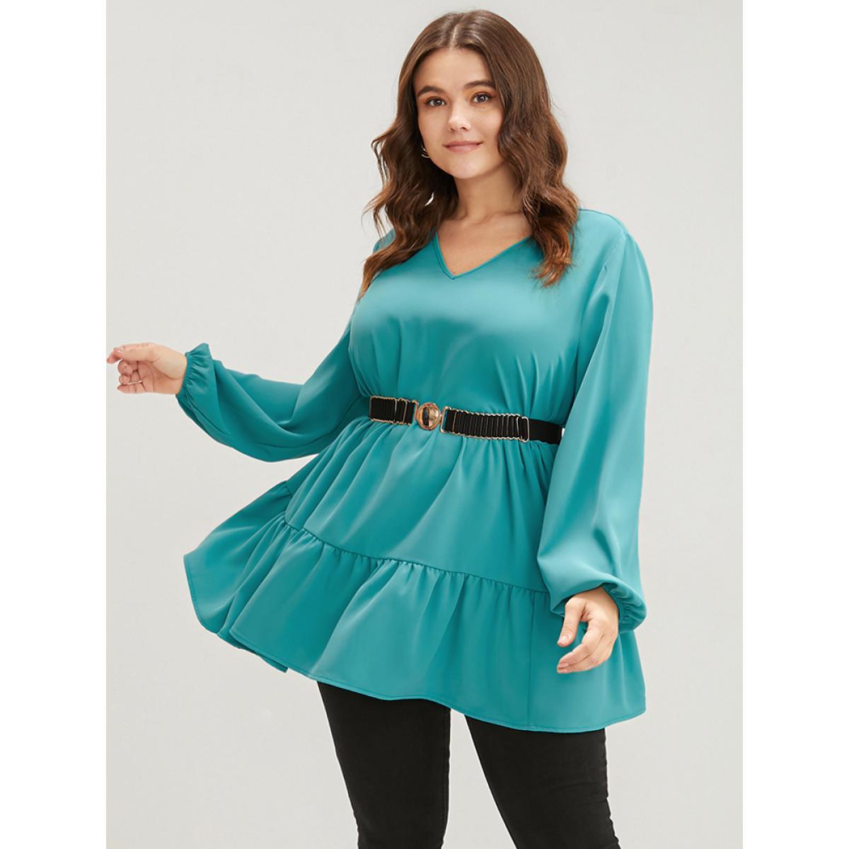 Plus Size Aegean Solid V Neck Lantern Sleeve Ruffle Hem Blouse Without Belt Women Elegant Long Sleeve V-neck Dailywear Blouses BloomChic 28/5X Product Image