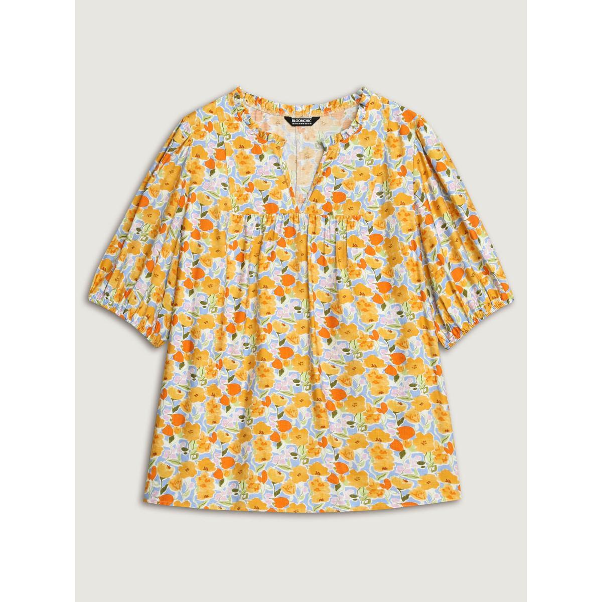 Plus Size LightBlue Rayon Ruffled Notched Collar Blouse Women Half Sleeve Notched collar Everyday-Elegant Blouses BloomChic 30/6X Product Image