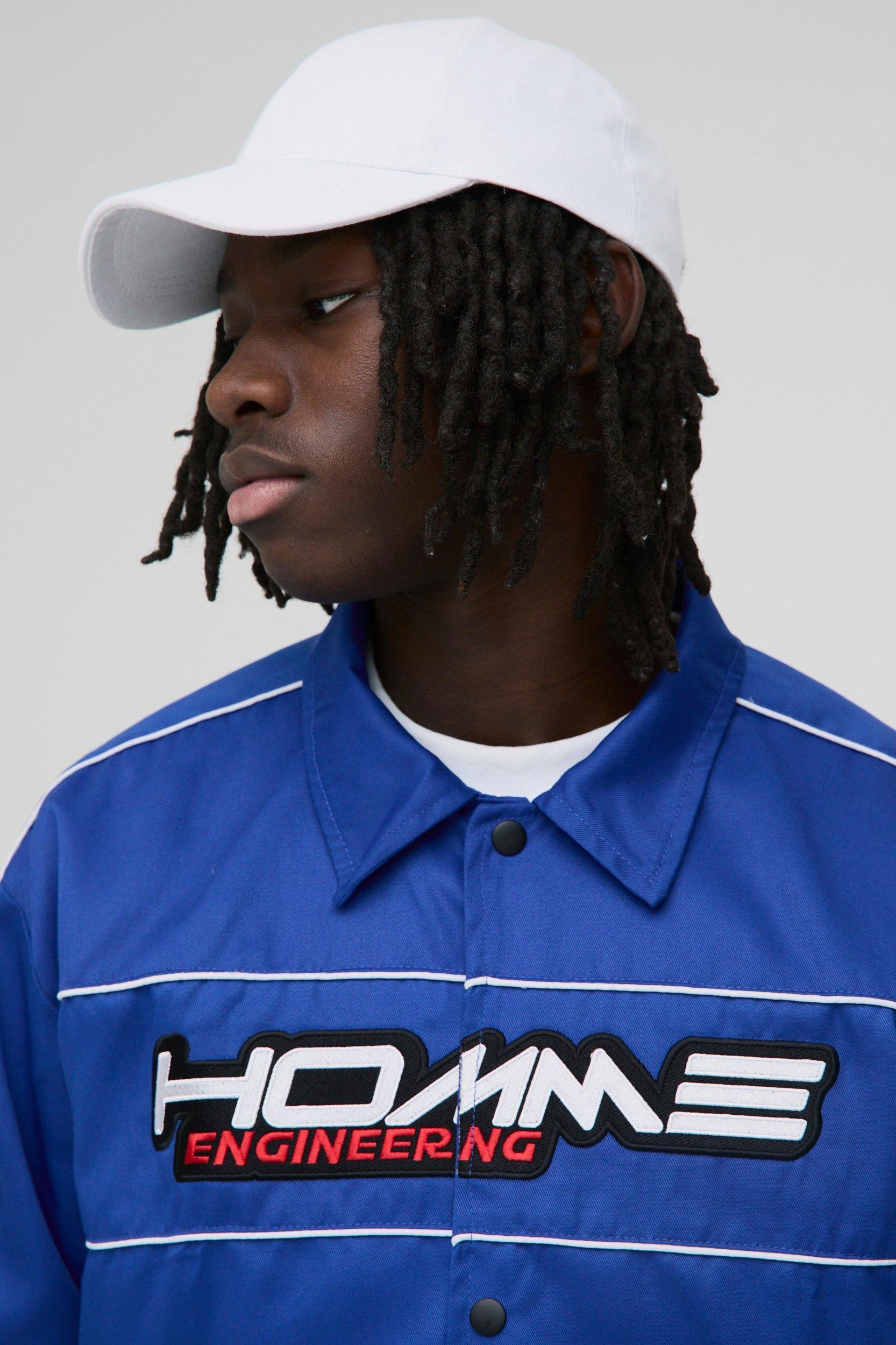 Boxy Twill Moto Collared Bomber Jacket In Blue | boohooMAN USA Product Image