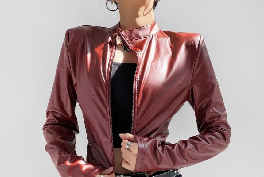 Faux Leather Asymmetrical Zip Jacket Product Image