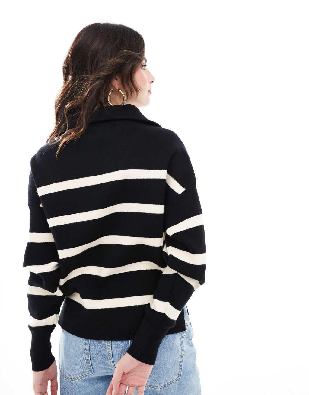 Vero Moda zip through sweater in black with cream stripes Product Image