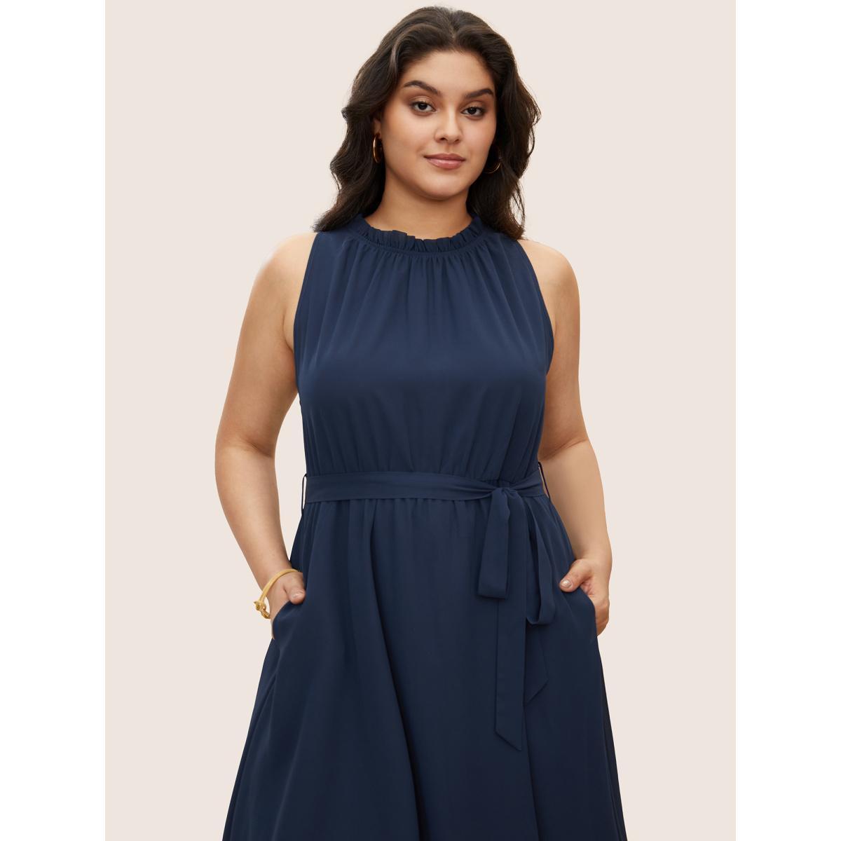 Plus Size Plain Sleeveless Frill Trim Pocket Belted Mock Neck Dress DarkBlue Women At the Office Pocket Mock Neck Sleeveless Curvy Midi Dress BloomChic 18-20/2X Product Image