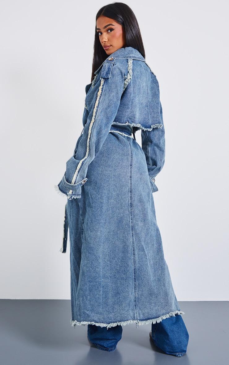 Petite Mid Blue Wash Denim Frayed Edge Maxi Trench Coat Product Image