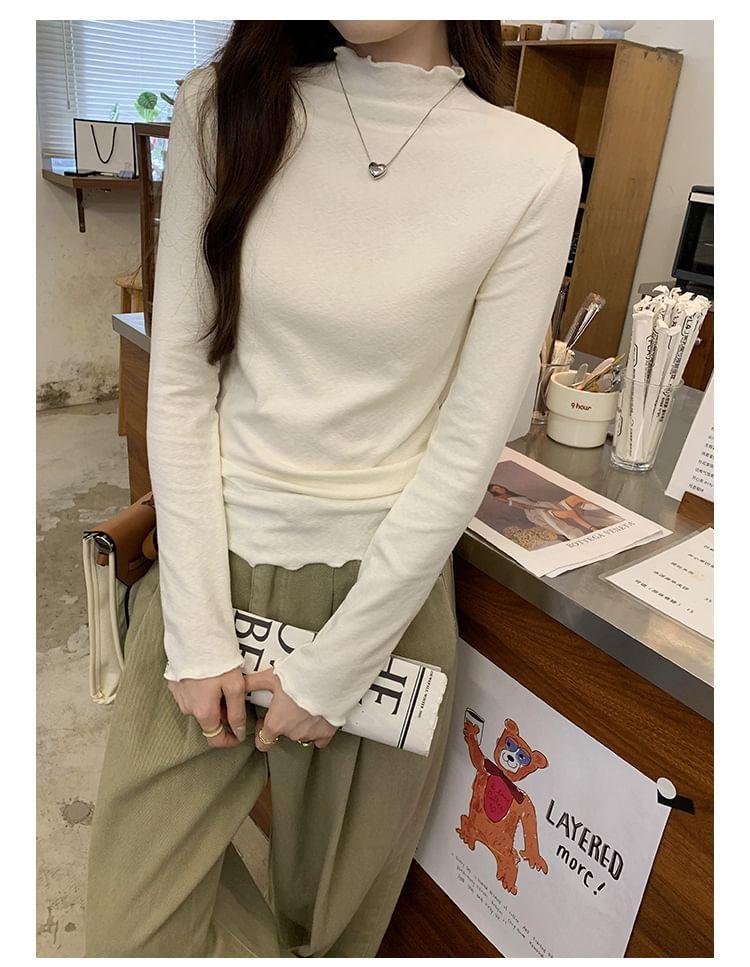 Long-Sleeve Mock Neck Frill Trim Plain T-Shirt Product Image