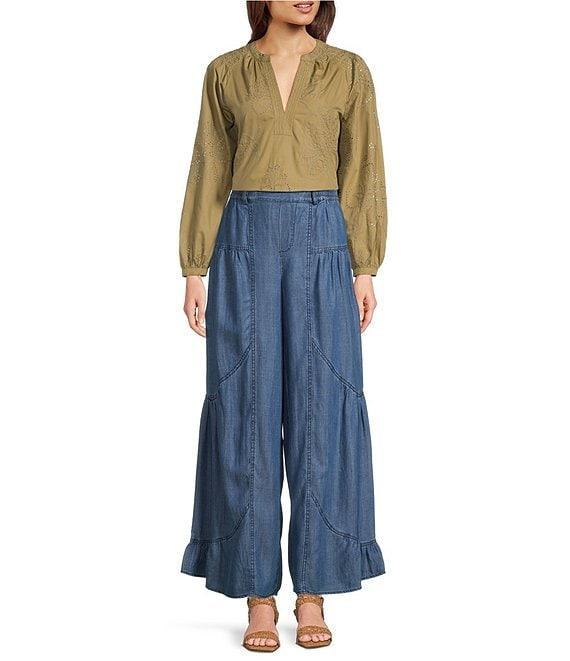 Current Air Eyelet Split Neck Long Sleeve Blouse Product Image