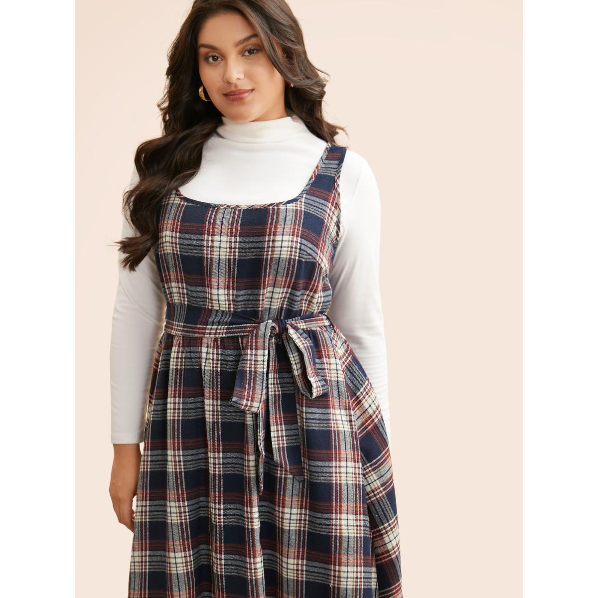 Plus Size Square Neck Plaid Belted Dress DarkBlue Women Elegant Belted Square Neck Sleeveless Curvy BloomChic 26/4X Product Image