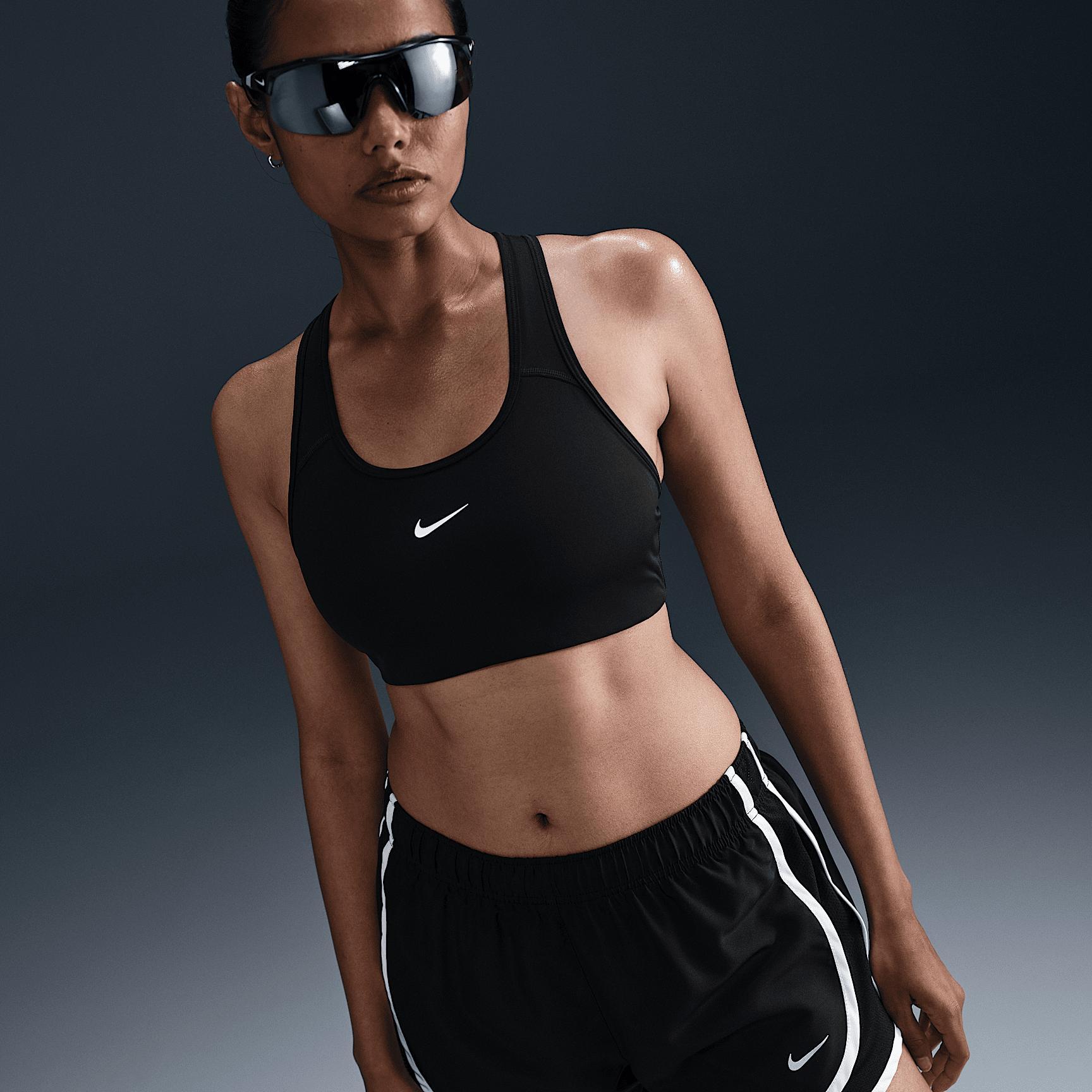 Nike Womens Tempo Dri-FIT Mid-Rise Brief-Lined Running Shorts in Black/White Product Image
