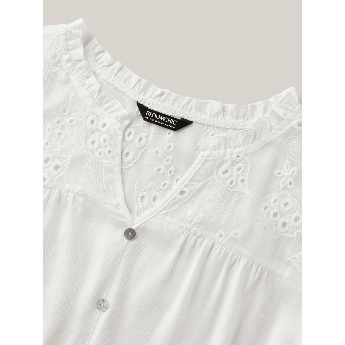 Plus Size Originalwhite Eyelet Trim Sheer Button Detail Blouse Women Short sleeve Notched collar Everyday-Elegant Blouses BloomChic 12/L Product Image