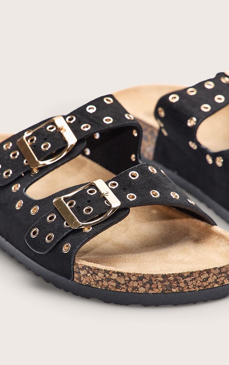 Black Faux Suede Double Buckle Eyelet Footbed Sandals Product Image