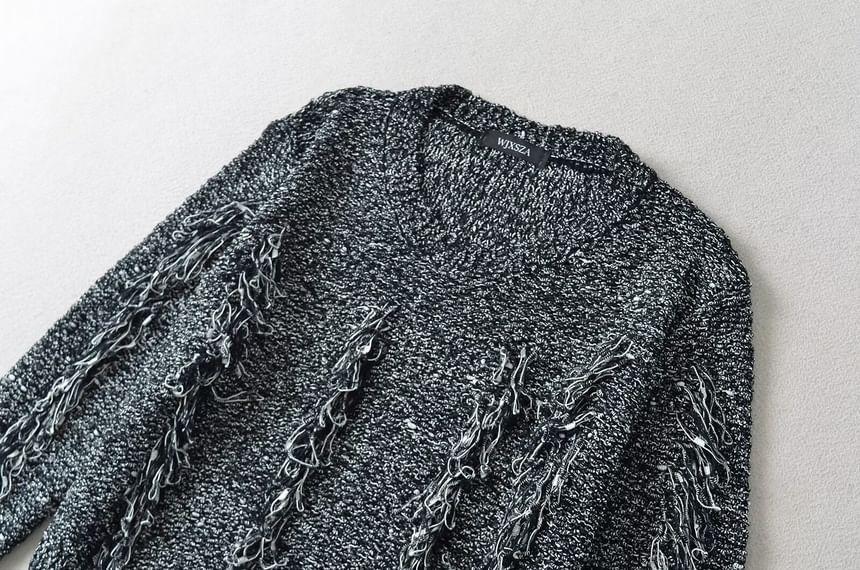 Crew Neck Plain Distressed Crop Sweater Product Image