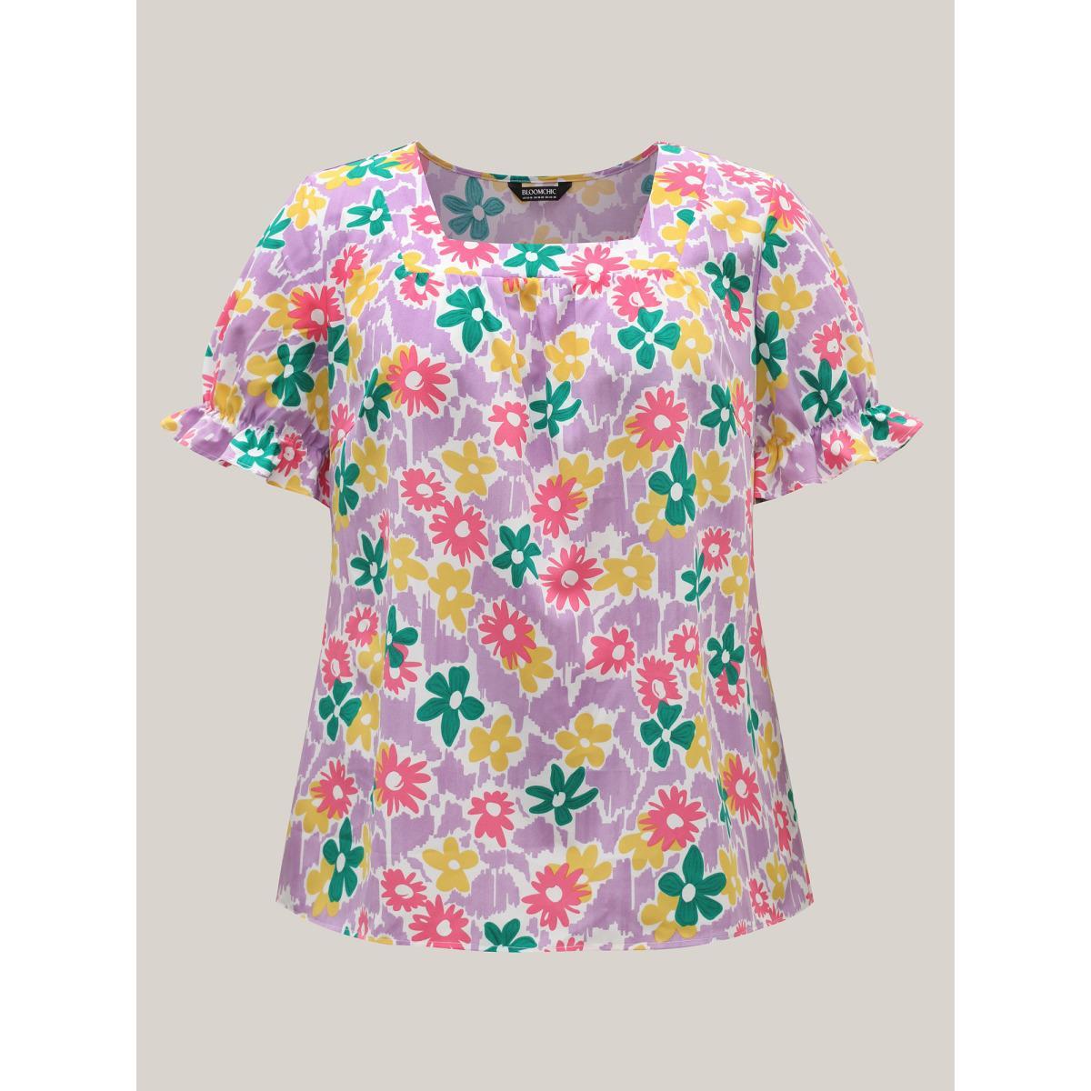 Plus Size Lilac Rainbow Floral Print Pleated Blouse Women Short sleeve Square Neck Everyday-Casual Blouses BloomChic 26/4X Product Image