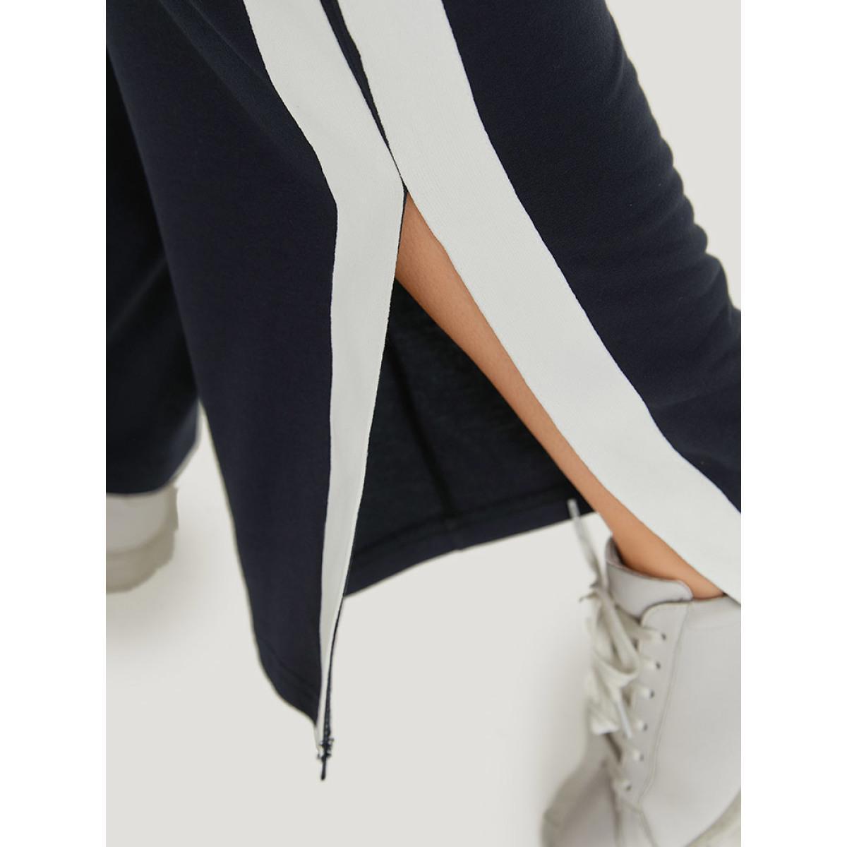Two Tone Slant Pocket Bowknot Split Side Sweatpant Midnight Plus Size Women Casual Dailywear Contrast 22-24/3X Bloomchic Product Image
