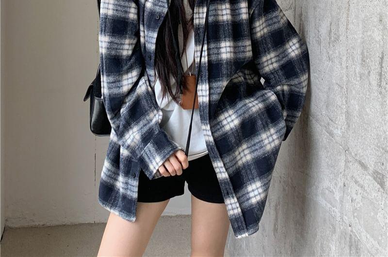 Hooded Plaid Shirt Jacket Product Image