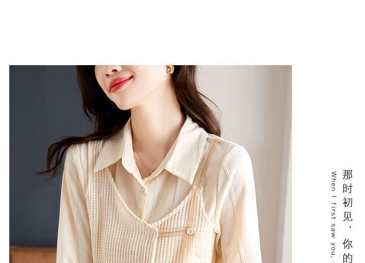 Long-Sleeve Collared Mock Two-Piece Asymmetrical Perforated Panel Button-Up Blouse Product Image