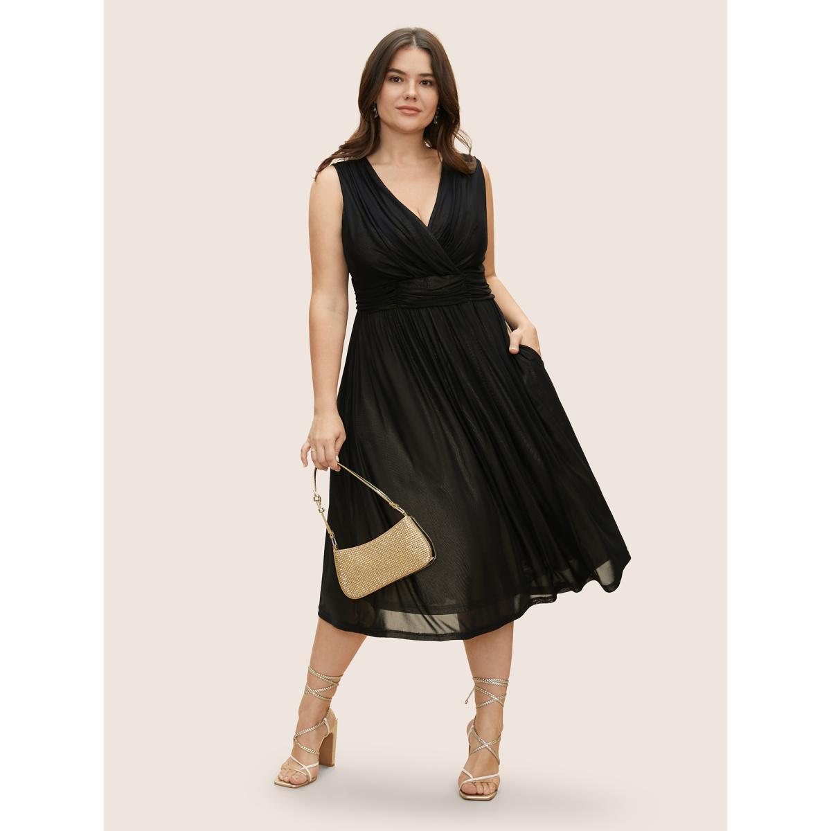 Plus Size Solid Mesh Ruched Midi Tank Dress Burgundy Women Cocktail V-neck Sleeveless Curvy BloomChic 12/L Product Image