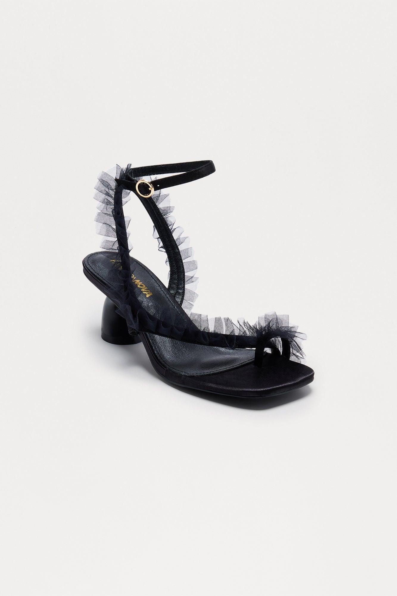 Afina Satin Ruffle Heels - Black Product Image