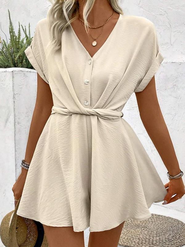 Loose Raglan Sleeve Pleated Solid Color Split-Joint V-Neck Rompers Product Image