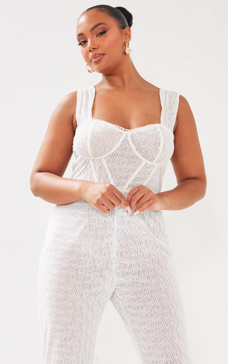 Plus Cream Textured Corset Jumpsuit Product Image