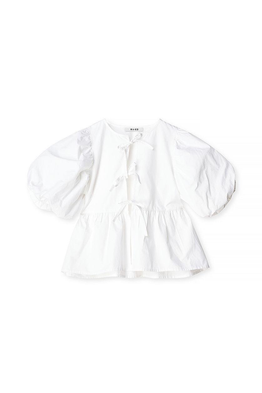 Cotton Puff Sleeve Tie Front Blouse Product Image