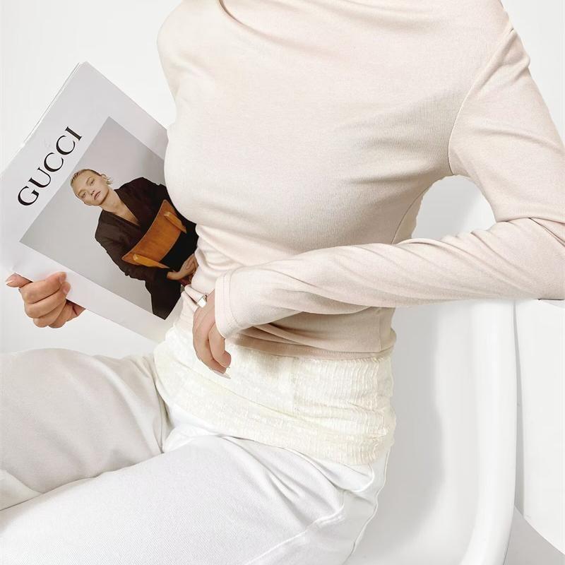 One Shoulder Long Sleeve Two Tone Panel Ruched T-Shirt Product Image