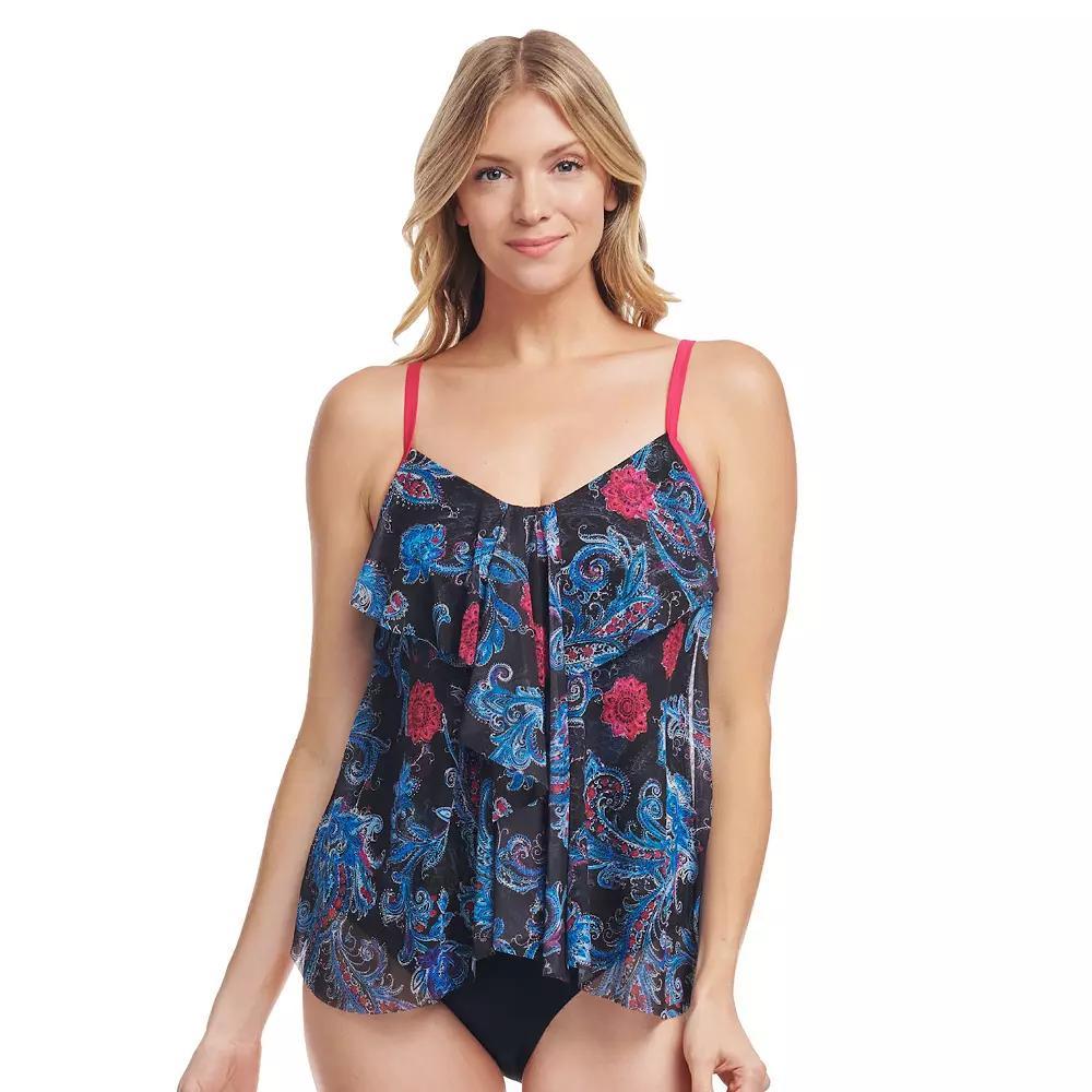 Women's Mazu Sea Breeze Paisley Draped Tier Mesh Tankini Swim Top, Size: 8, Black Linework Product Image