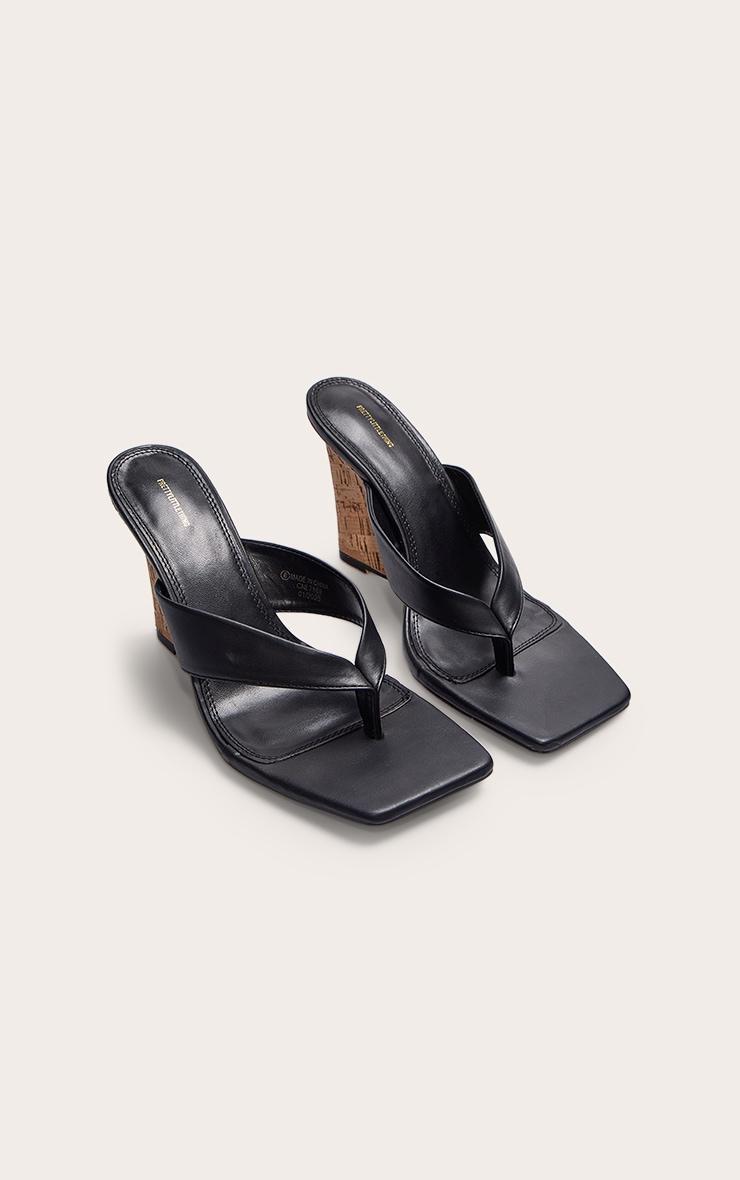 Black Pu Round Toe Thong Heeled Wedges Product Image