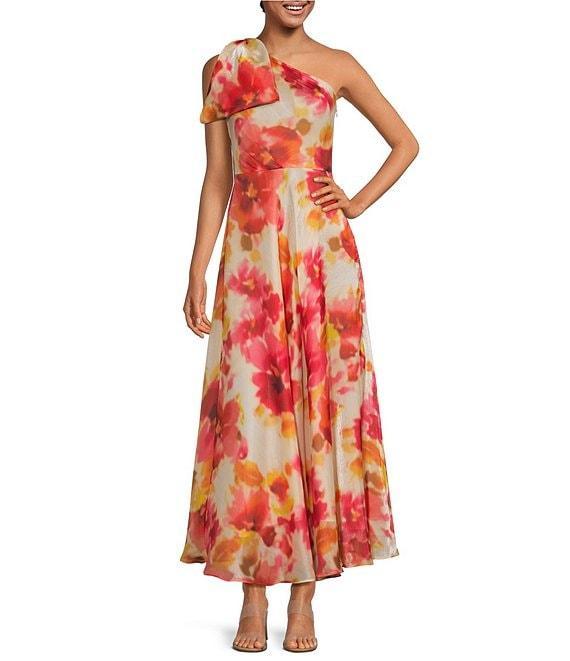Alex Marie Aria Floral One Shoulder Sleeveless Printed Chiffon Gown Product Image