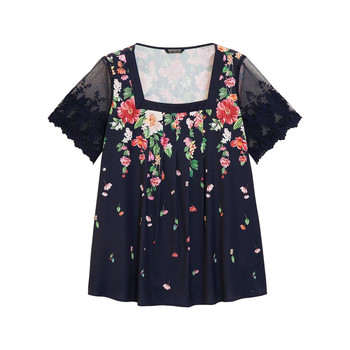 Plus Size Indigo Floral Pleated Mesh Lace Sleeve Square Neck Blouse Women Vacation Short sleeve Square Neck Dailywear Blouses BloomChic 10/M Product Image