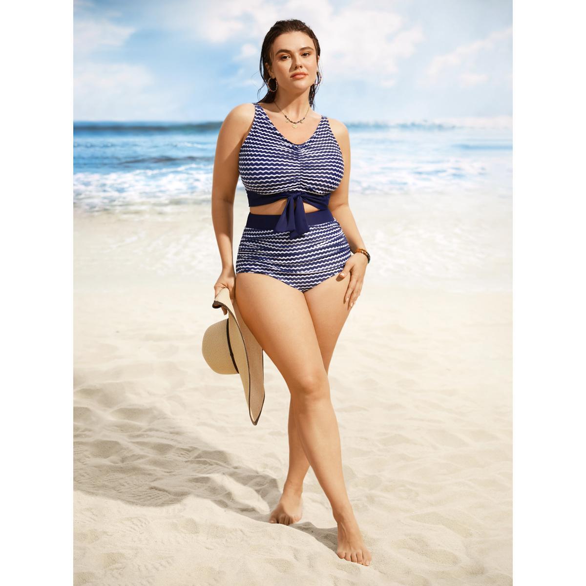 Plus Size Striped Print High Rise Ruched Swim Bottom Women's Swimwear Navy Beach Gathered High stretch Skinny High Rise Curve Swim Bottoms BloomChic 30/6X Product Image