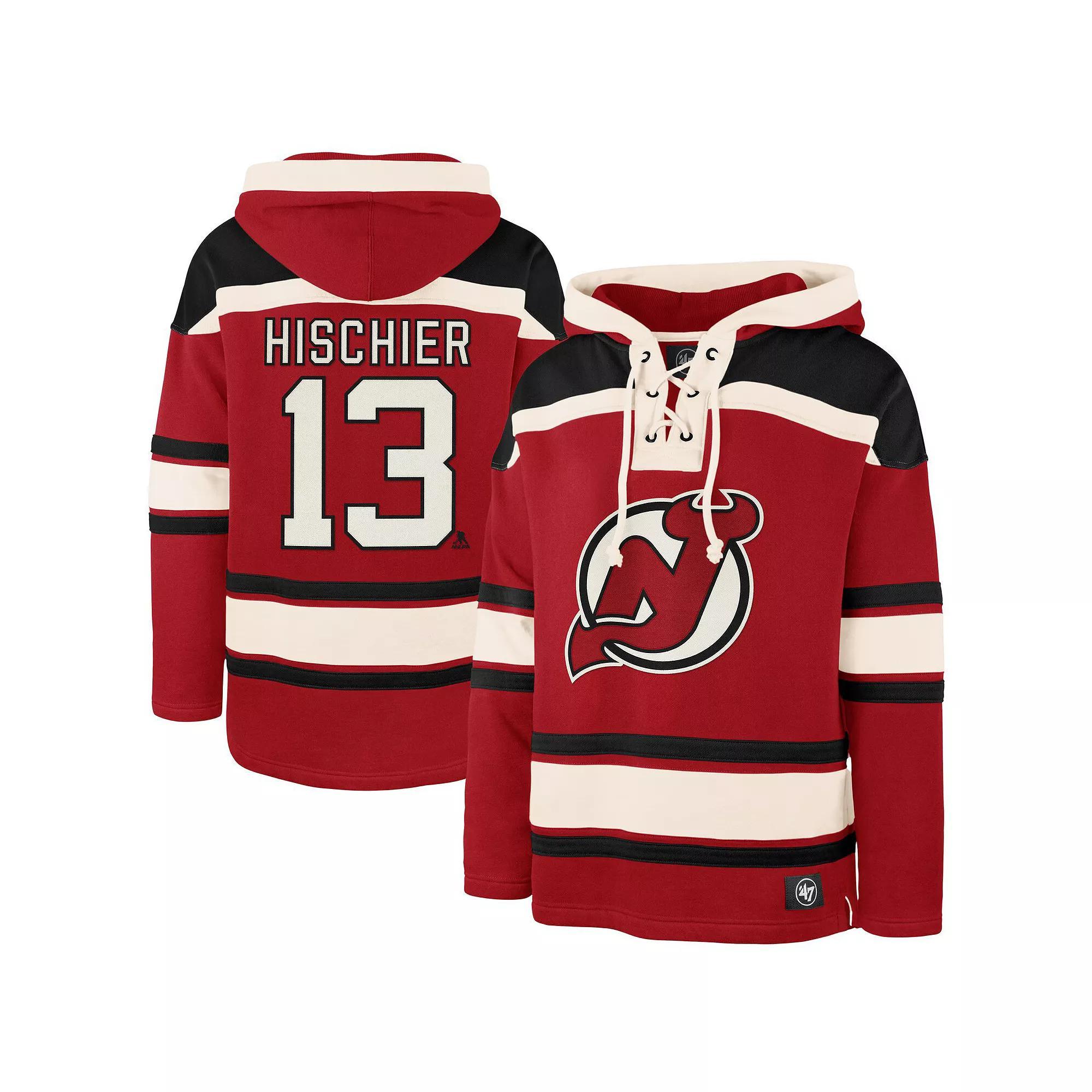 Men's '47 Nico Hischier Red New Jersey Devils Player Name & Number Lacer Pullover Hoodie, Size: 2XL, Nhl Red Product Image