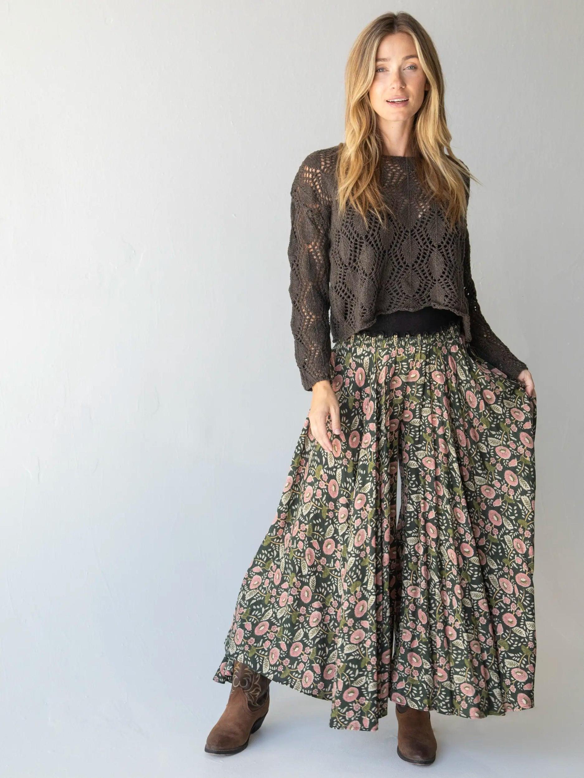 Wanderlust Palazzo Pant - Dark Green Pink Floral Vines Product Image