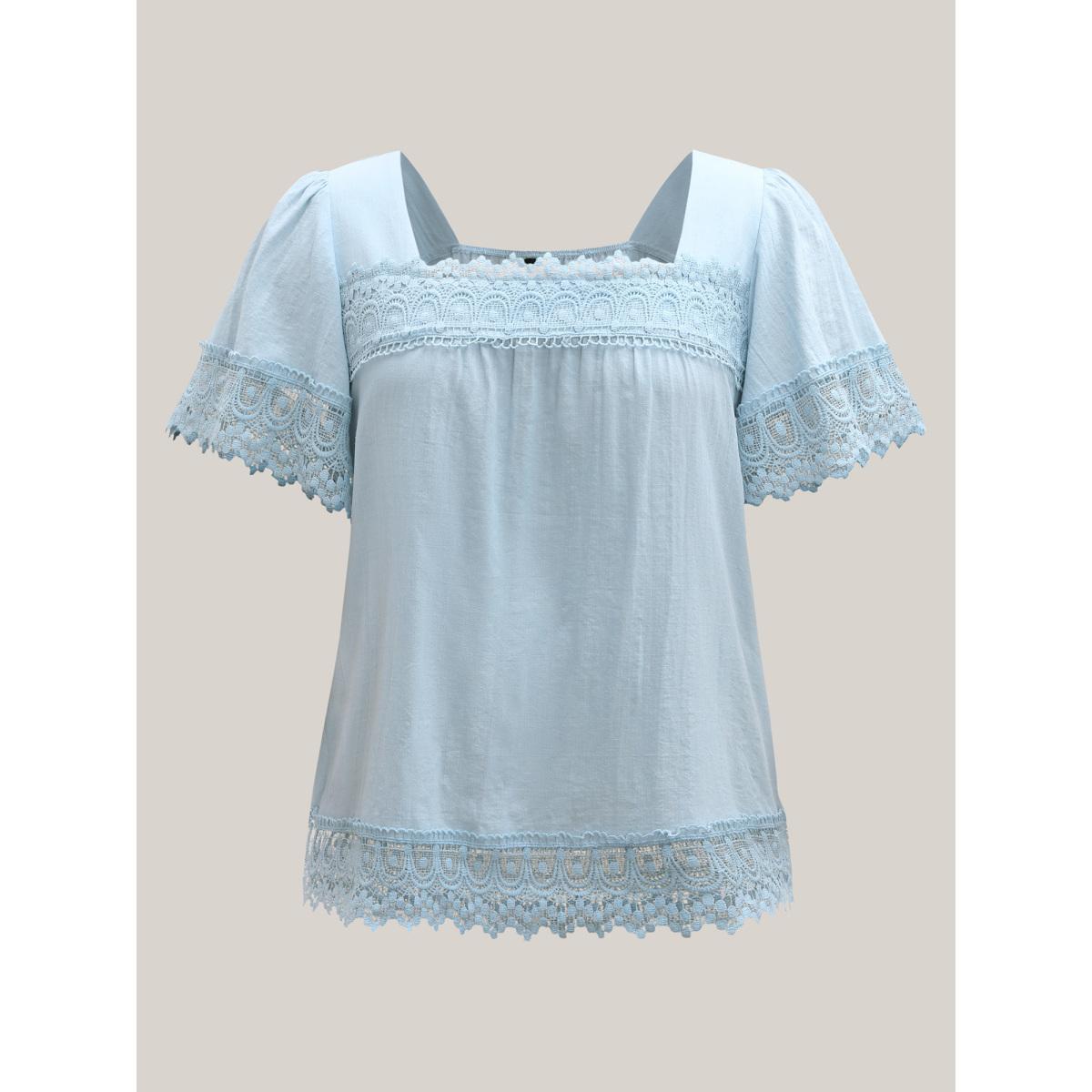 Plus Size LightBlue Lace Trim Spliced Solid Blouse Women Short sleeve Square Neck Everyday-Elegant Blouses BloomChic 28/5X Product Image