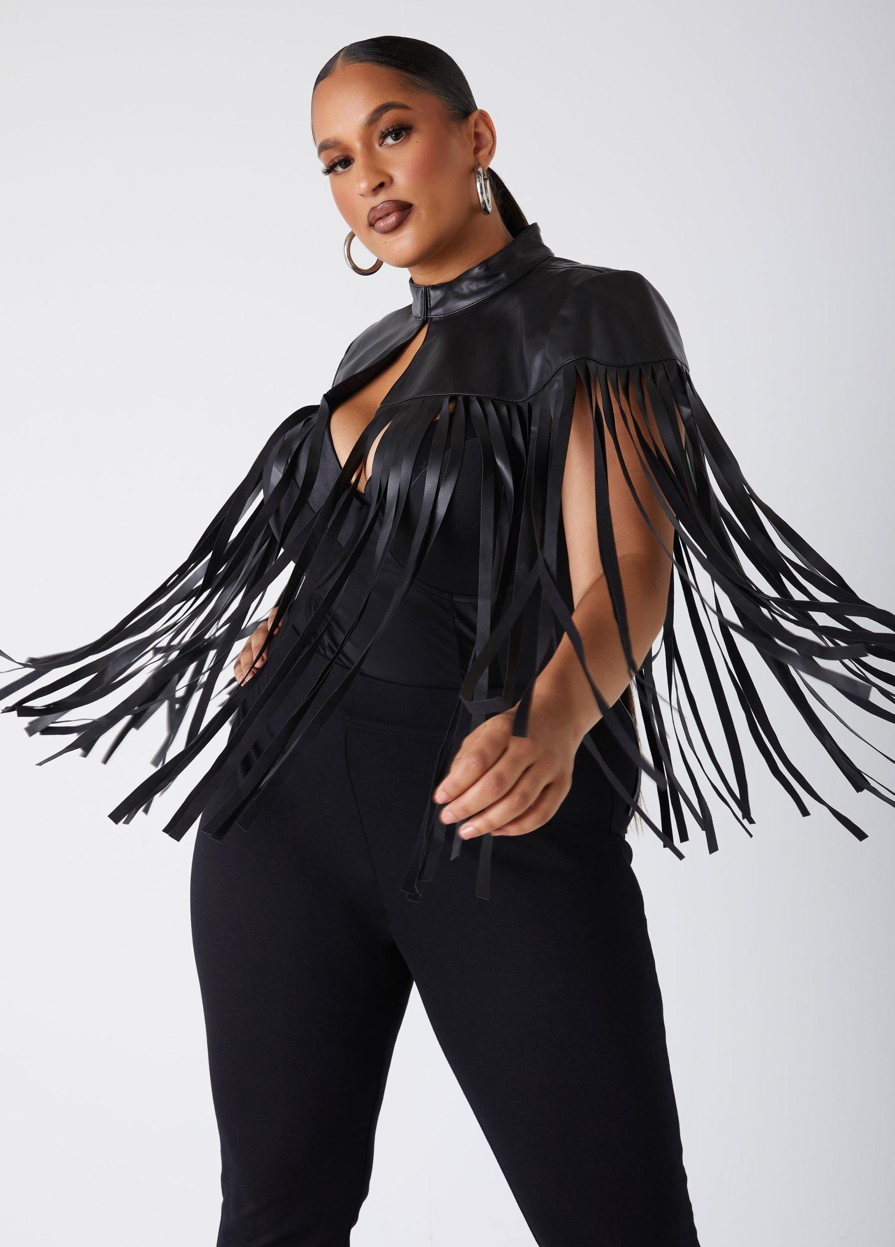Plus Size Fringed Faux Leather Cape Jacket Ashley Stewart Product Image