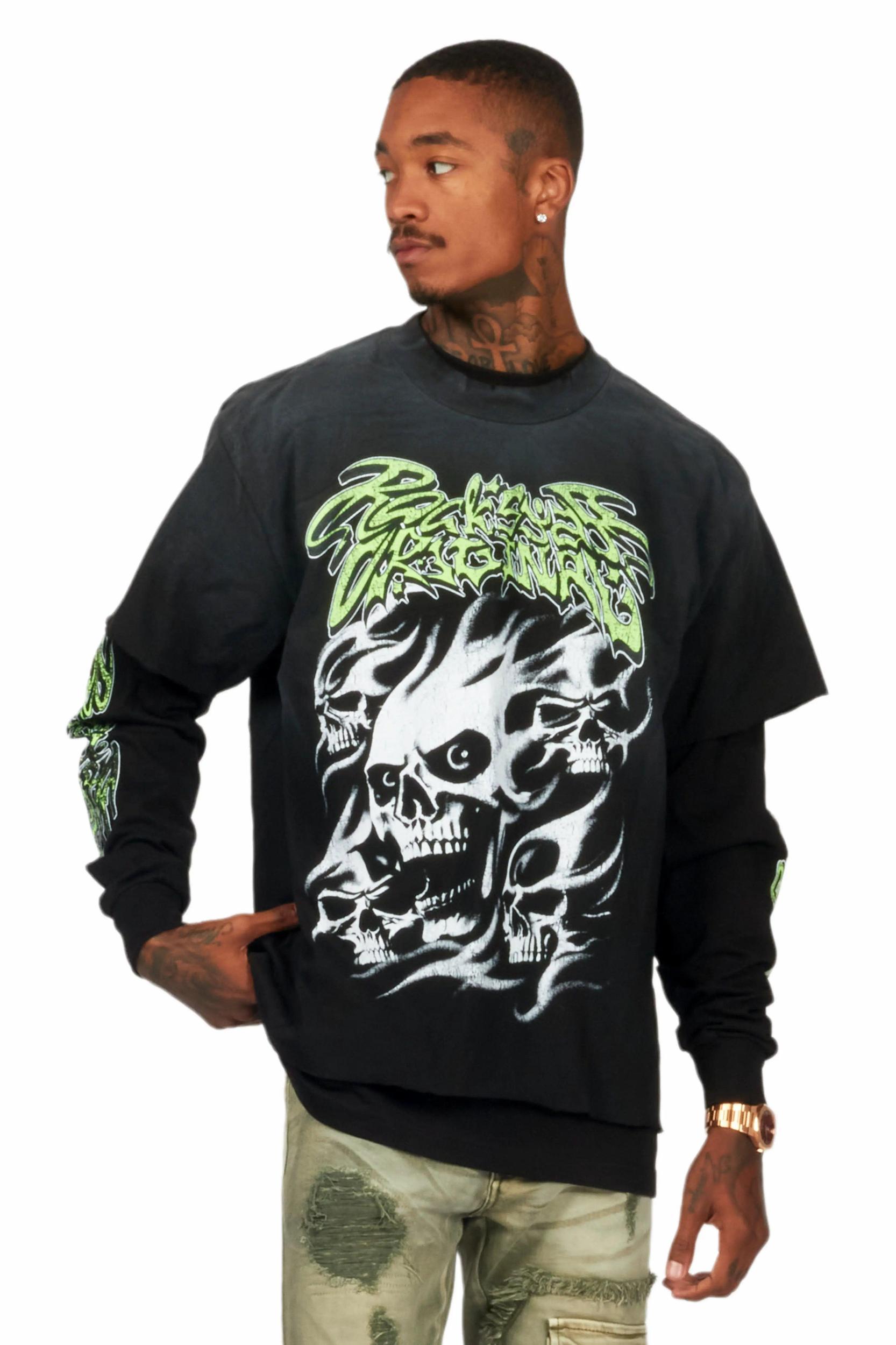 Schtupp Black Double Layer Long Sleeve Graphic T-Shirt Male Product Image