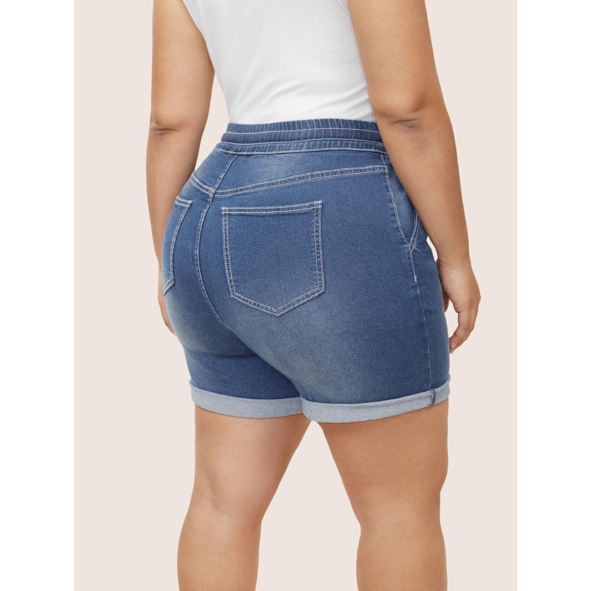 Plus Size Roll Hem Elastic Waist Drawstring Denim Shorts Women Denimlightblue Drawstring High stretch Everyday Slanted pocket Casual Denim Shorts BloomChic 12/L Product Image