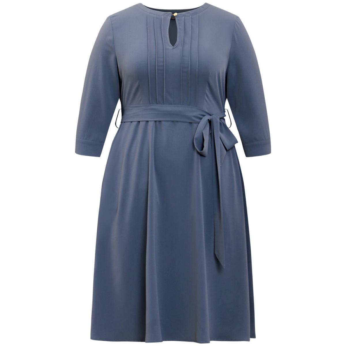 Plus Size Anti-Wrinkle Solid Belted Pleated Keyhole Dress Stone Women Office Plain Keyhole Cut-Out Elbow-length sleeve Curvy Midi Dress BloomChic 26/4X Product Image