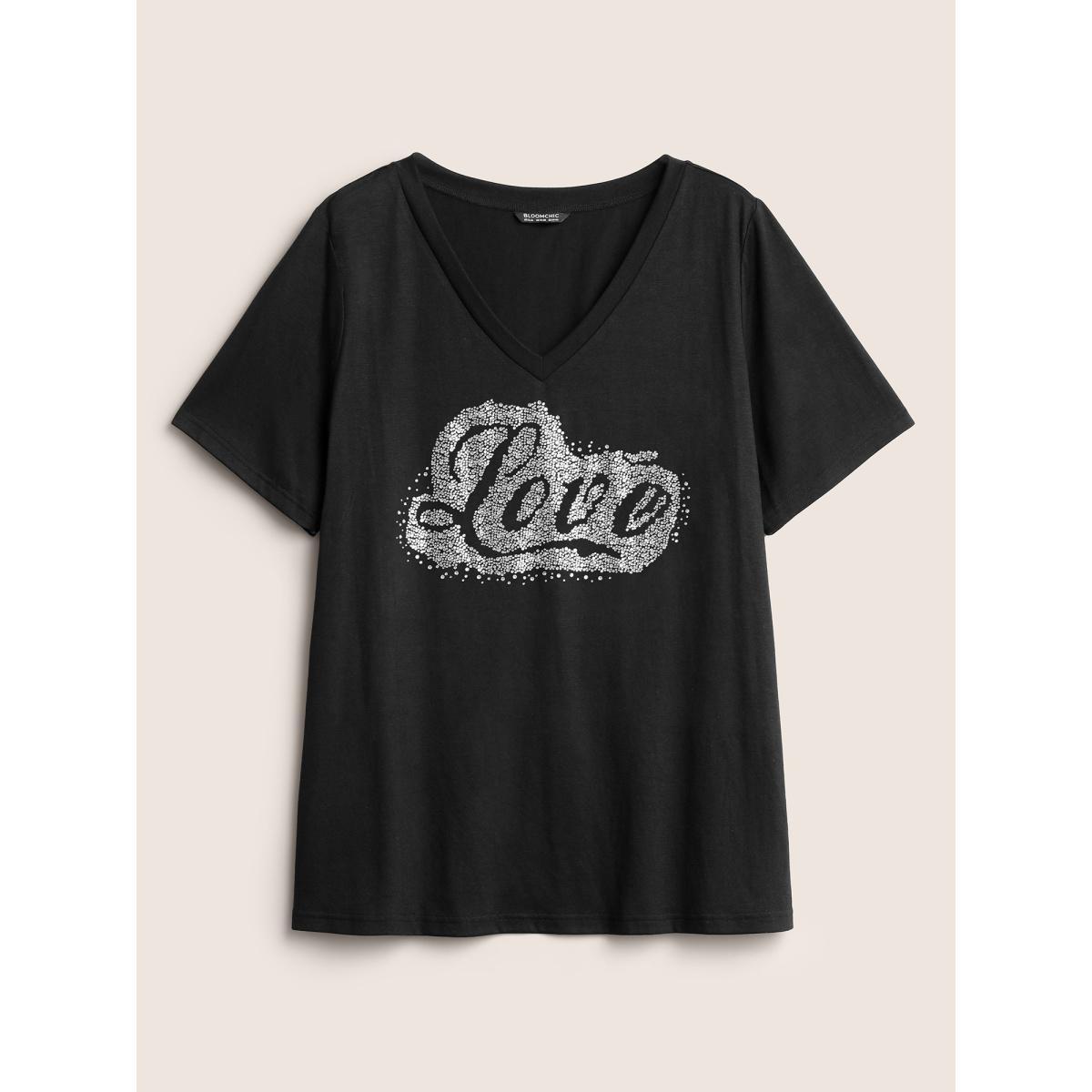Plus Size Love Rhinestone V Neck T-shirt Black Women Casual Rhinestone detailing Art&design Everyday T-shirts BloomChic 10/M Product Image
