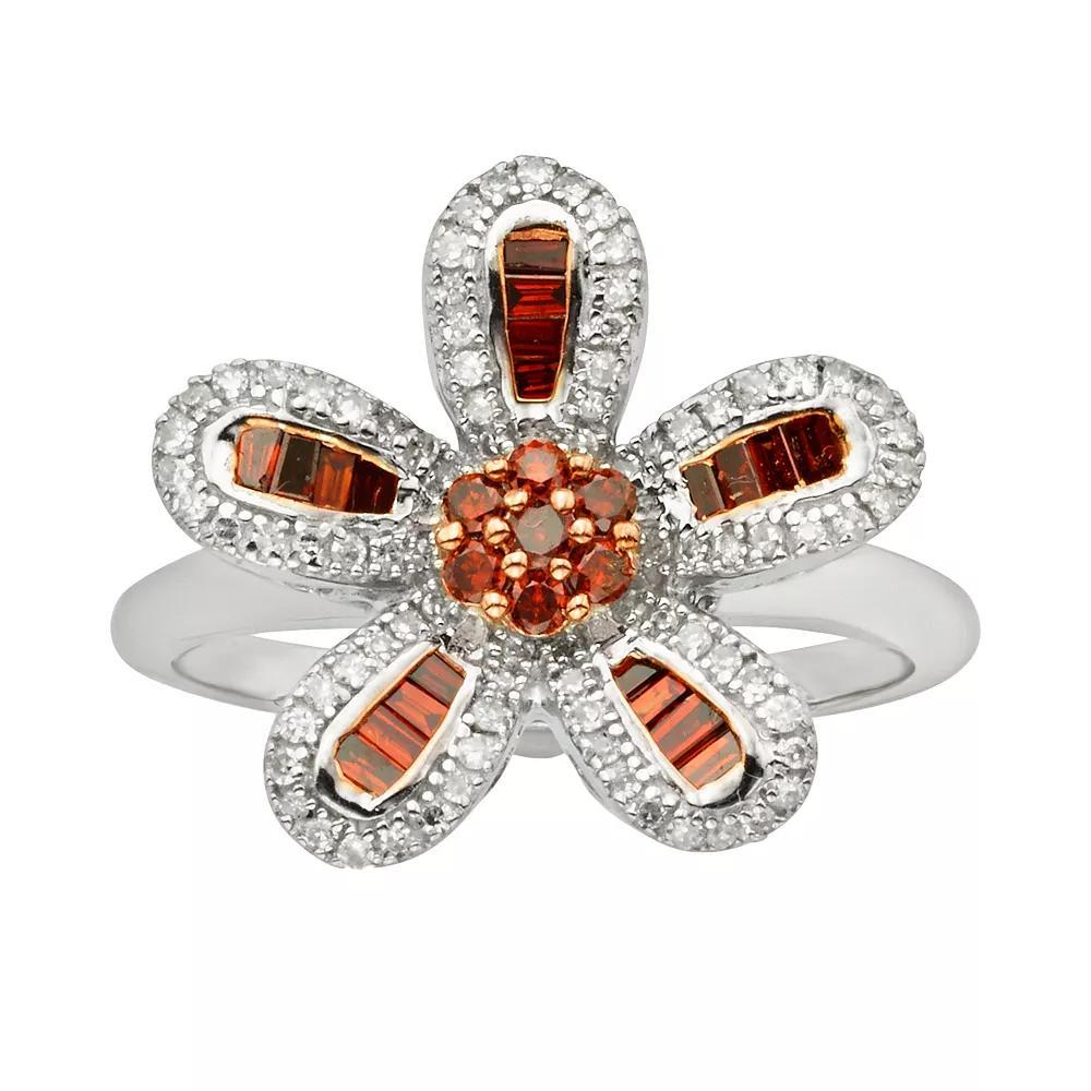 Jewelexcess Sterling Silver 1/2-ct. T.W. Red and White Diamond Flower Ring, Women's, Size: 7 Product Image