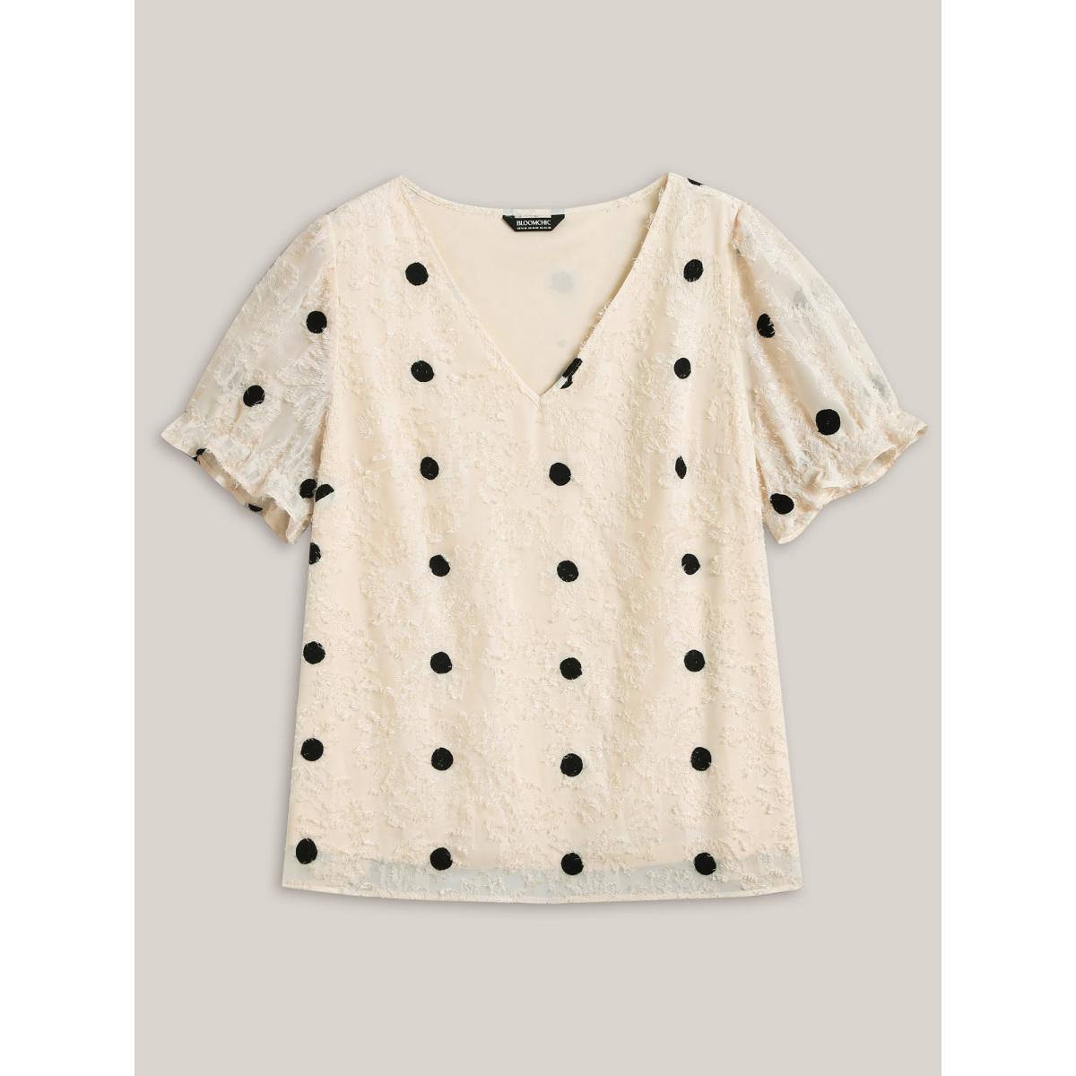 Plus Size Beige Textured Dots V-Neck Puff Sleeve Blouse Women Short sleeve V-neck Everyday-Elegant Blouses BloomChic 12/L Product Image