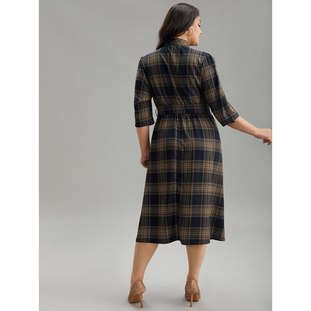 Plus Size Mock Neck Plaid Buckle Detail Belted Dress Indigo Women Office Belted Mock Neck Elbow-length sleeve Curvy Midi Dress BloomChic 10/M Product Image