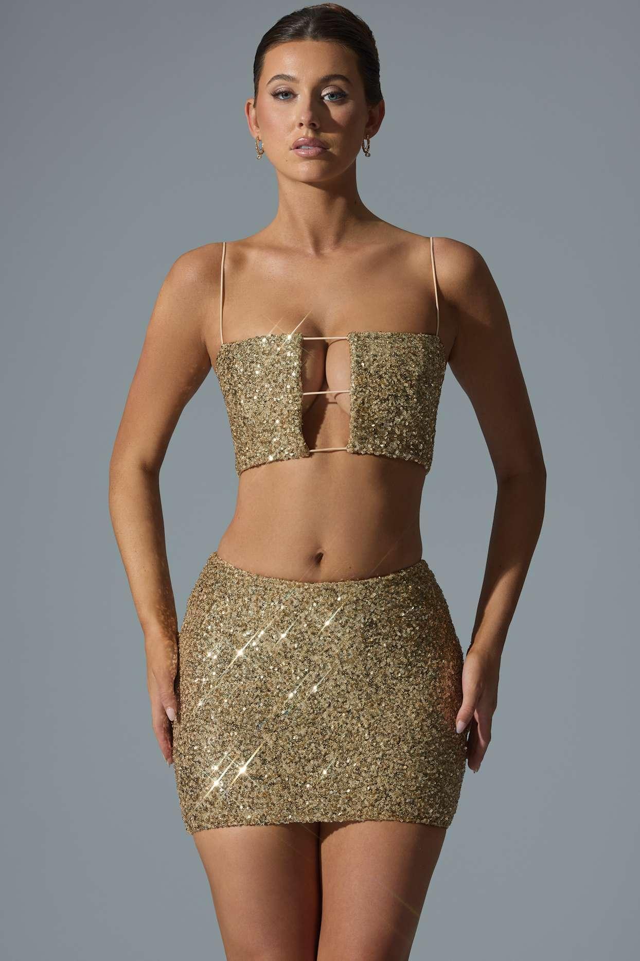 Embellished Mid-Rise Mini Skirt in Gold Product Image