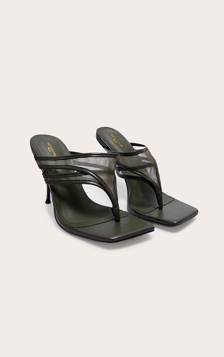 Wide Fit Olive Square Toe Double Mesh Thong Stiletto Heeled Mules Product Image