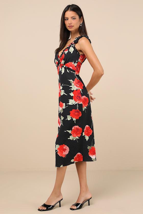Clarrie Black Floral Crinkle Satin Ruffled Midi Dress Product Image