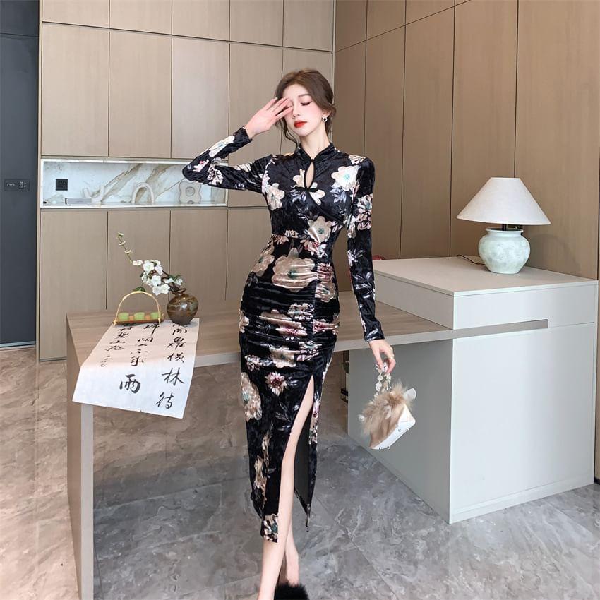 Long-Sleeve Stand Collar Floral Print Keyhole Slit Midi Bodycon Dress Product Image
